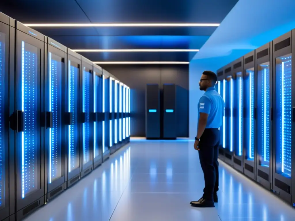 Centro de datos futurista: eficiencia tecnológica en acción Un centro de datos futurista con servidores ordenados y luces azules brillantes