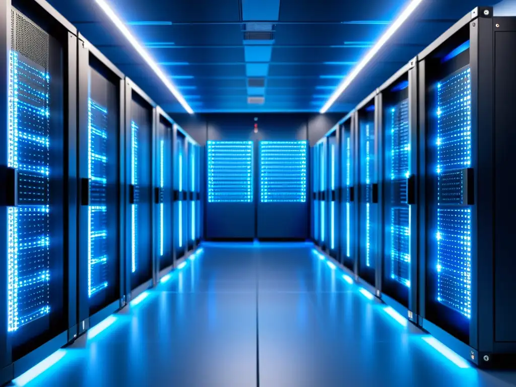 Centro de datos futurista: filas de servidores en azul Un centro de datos futurista con servidores organizados y luces parpadeantes, emitiendo una atmósfera de tecnología puntera