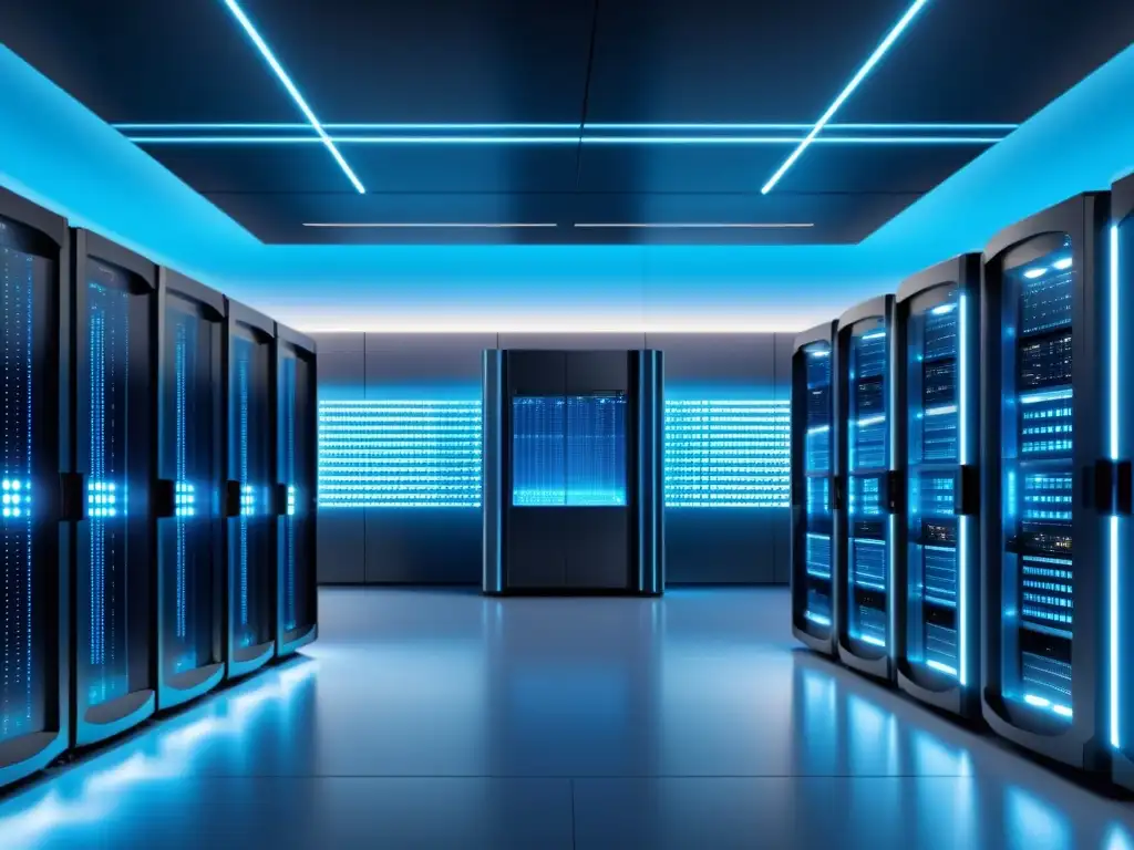 Centro de datos futurista: tecnología eficiente en la ciudad Un centro de datos futurista con servidores ordenados bañados en luz azul, conectados por cables y pulsando energía