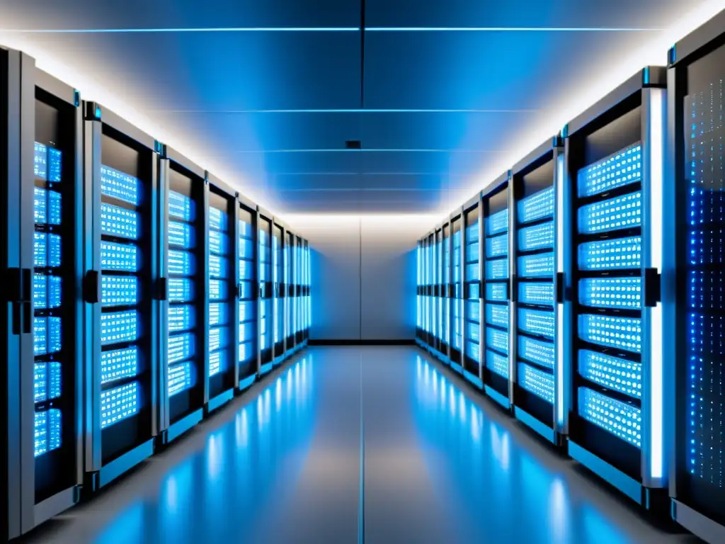 Centro de datos futurista con servidores iluminados Un centro de datos futurista con servidores ordenados y luces LED azules y blancas, reflejando tecnología avanzada y velocidad