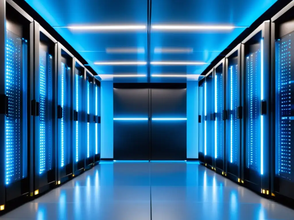 Centro de Datos Futurista: Eficiencia y Tecnología de Vanguardia Un centro de datos futurista con servidores relucientes, iluminado por un suave resplandor azul