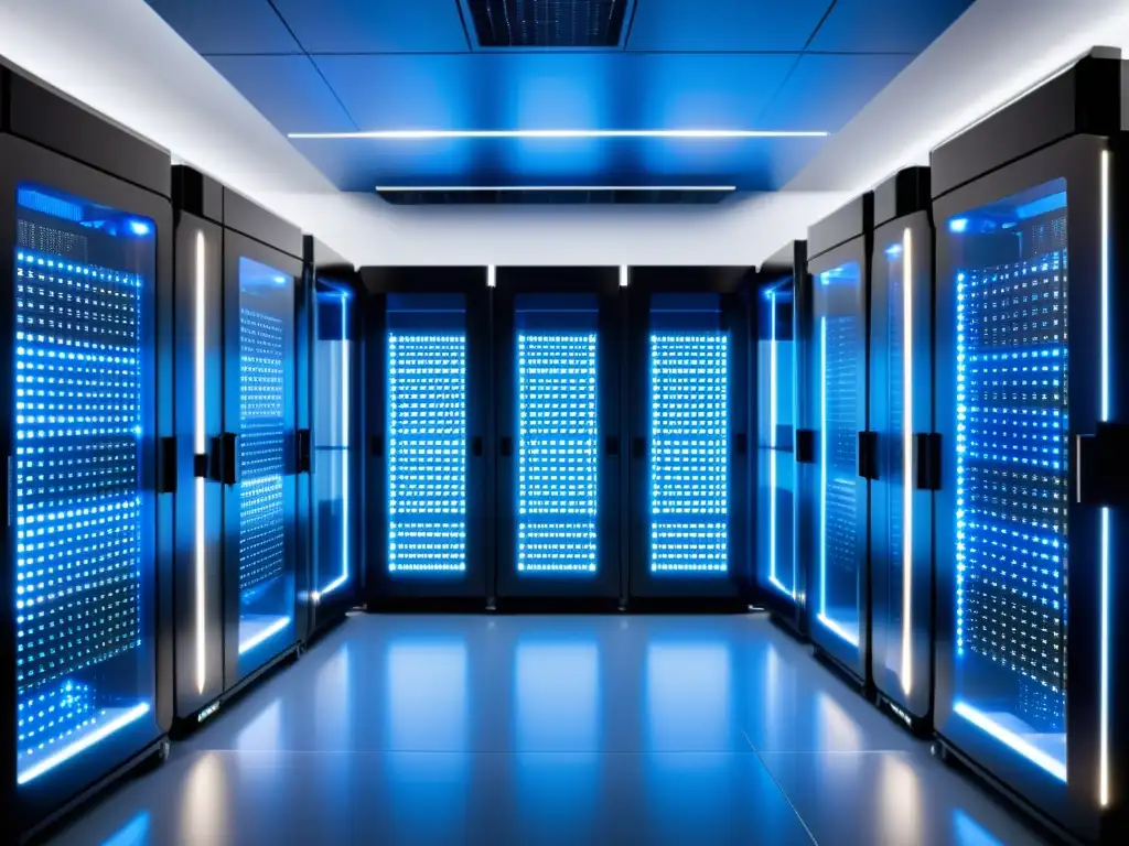 Centro de datos futurista: infraestructura tecnológica de vanguardia Un centro de datos futurista con servidores iluminados por luces LED azules y blancas, transmitiendo tecnología avanzada y fiabilidad