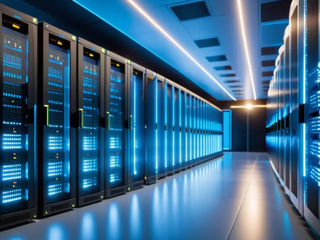 Centro de datos ultramoderno: tecnología de vanguardia Un centro de datos futurista con servidores ordenados y cables brillantes, representa al mejor proveedor hosting emprendedores digitales 2023
