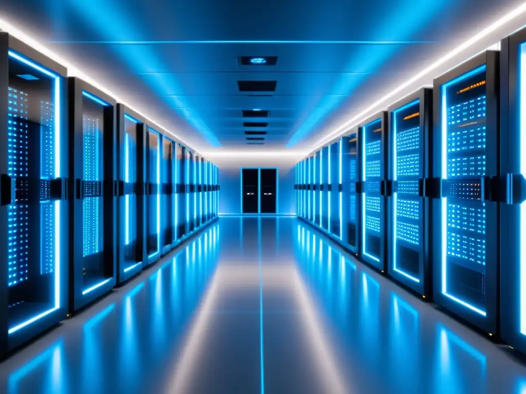 Centro de datos futurista: servidores en 8k Un centro de datos futurista con servidores brillantes y un ambiente tecnológico profesional