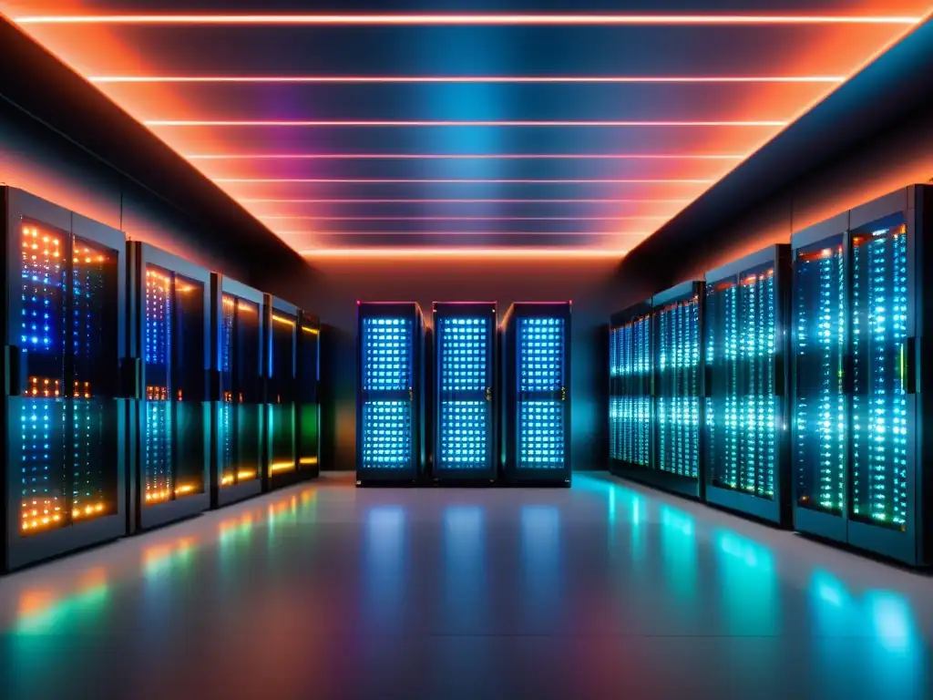 Centro de datos futurista: servidores brillantes en un ambiente tecnológico de vanguardia Un centro de datos futurista con servidores brillantes y ordenados, reflejando la esencia de servicios adicionales hosting CDN firewall