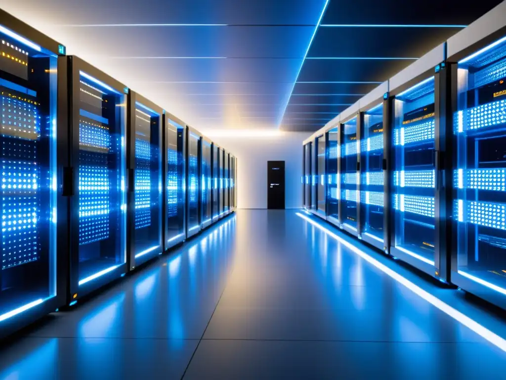Centro de datos futurista con servidores brillantes y seguridad avanzada Un centro de datos futurista con servidores brillantes y avanzados sistemas de enfriamiento, seguridad y monitoreo