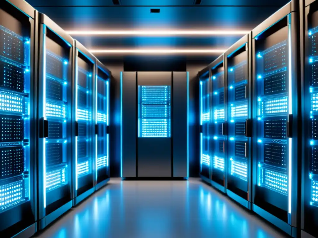 Servidores de alta tecnología en data center futurista Un centro de datos futurista con servidores brillantes, ideal para elegir el mejor tipo de alojamiento web