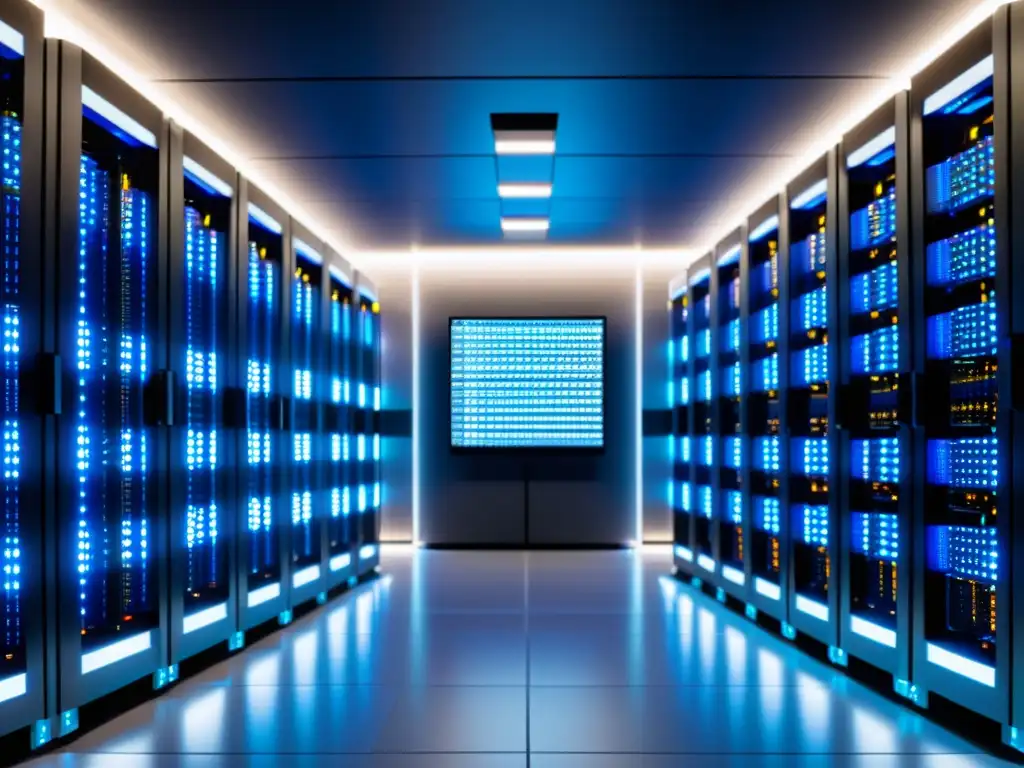 Centro de datos futurista: Infraestructura tecnológica avanzada Un centro de datos futurista con servidores organizados y cables de fibra óptica brillantes, ideal para elegir el mejor tipo de alojamiento web