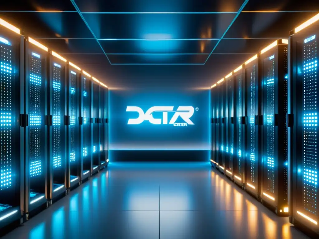 Docker Hosting: Centro de Datos Futurista y Eficiente Un centro de datos futurista con servidores brillantes y el logo de Docker, evocando la eficiencia del alojamiento en contenedores con Docker