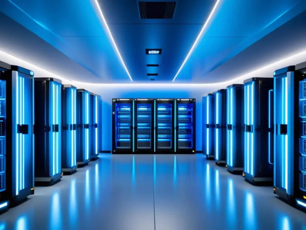 Centro de datos futurista con servidores Docker brillantes Un centro de datos futurista con servidores brillantes y ordenados, iluminado por una luz azul suave, evocando alta tecnología y eficiencia