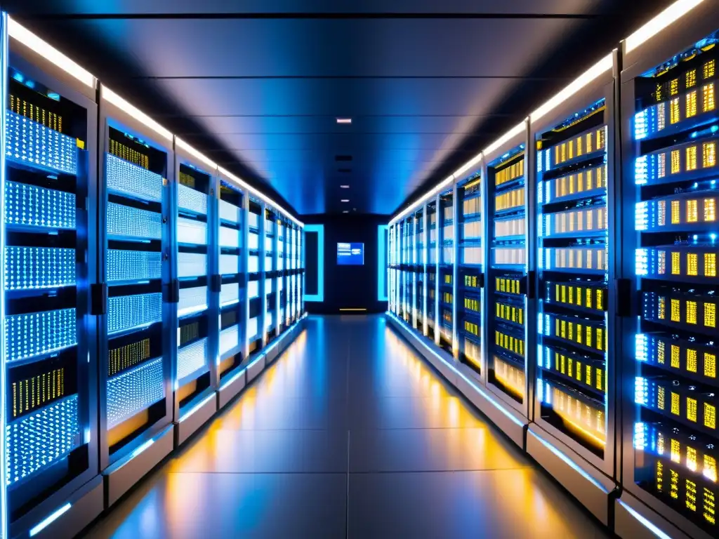 Centro de datos futurista: eficiencia tecnológica y poder de procesamiento Centro de datos futurista con servidores y cables de fibra óptica, mejora rendimiento hosting Big Data con tecnología avanzada
