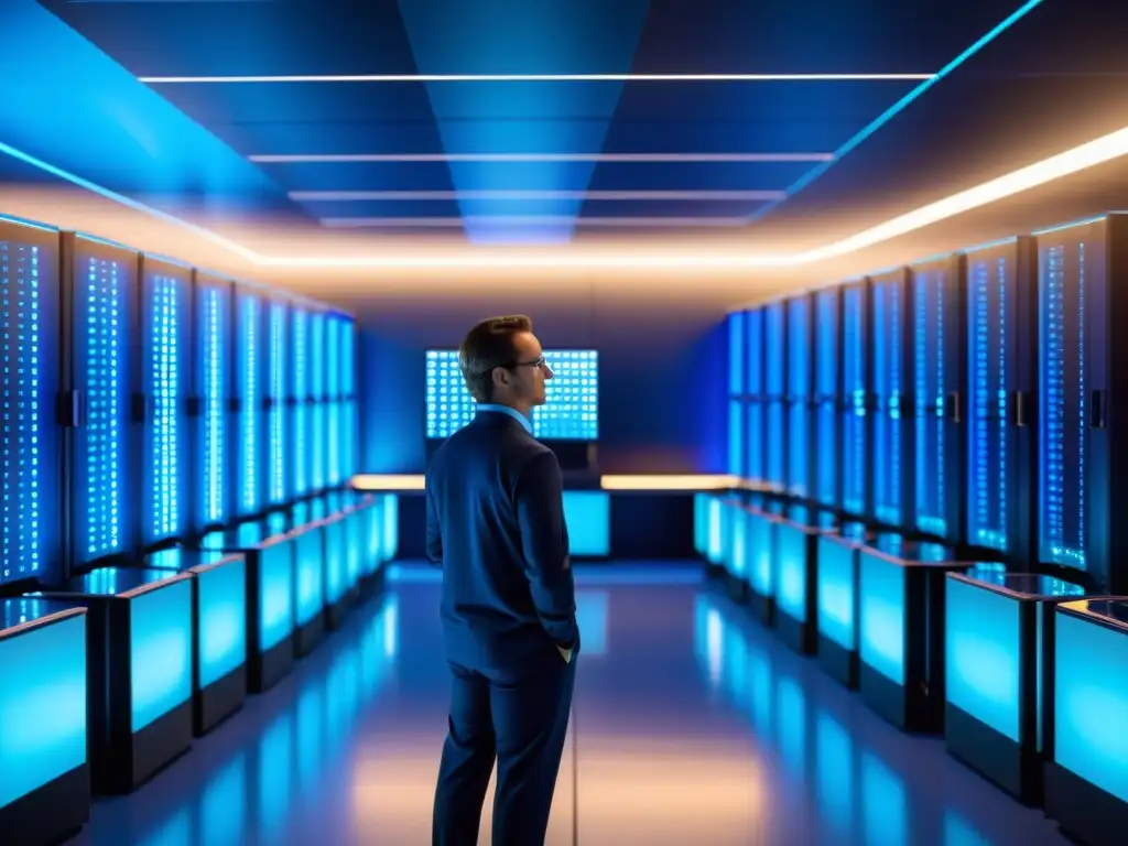 Centro de datos futurista con servidores brillantes y técnicos expertos Un centro de datos futurista con servidores brillantes y técnicos monitoreando visualizaciones de datos complejos, bañado en una luz azul fresca