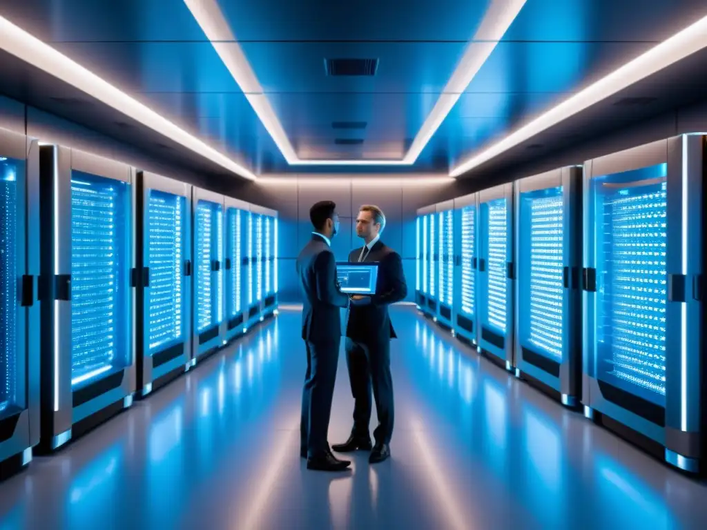 Un centro de datos futurista con servidores en fila, interfaces holográficas y un aura de innovación