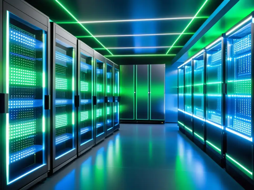 Un centro de datos futurista con servidores iluminados por luces LED azules y verdes, conectados por líneas brillantes