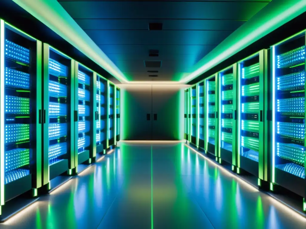 Un centro de datos futurista con servidores brillantes y luces LED azules y verdes, transmitiendo fiabilidad y tecnología de vanguardia