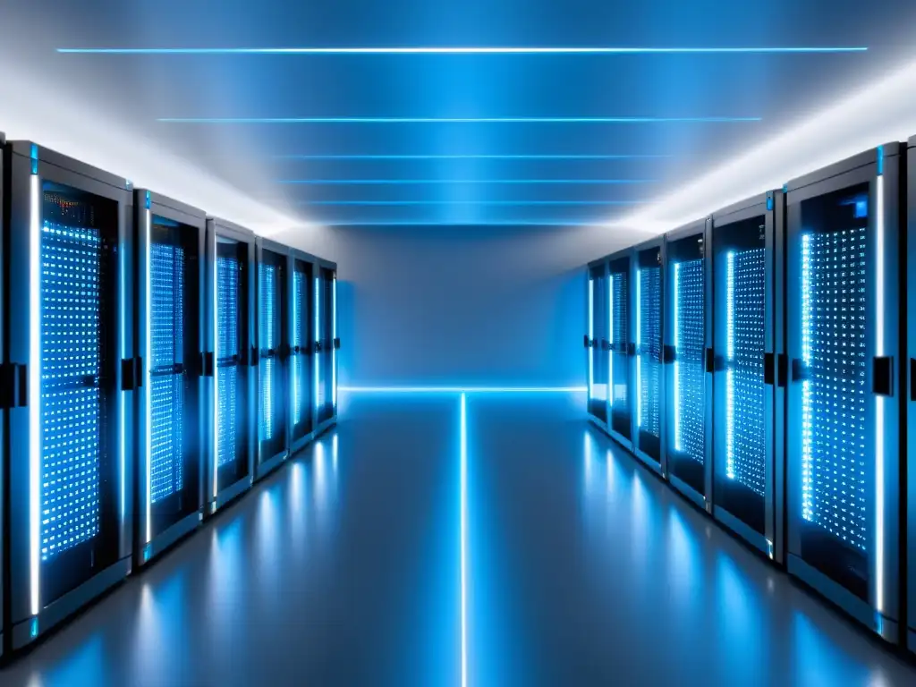 Centro de datos futurista con servidores brillantes Un centro de datos futurista con servidores brillantes, iluminado en azul