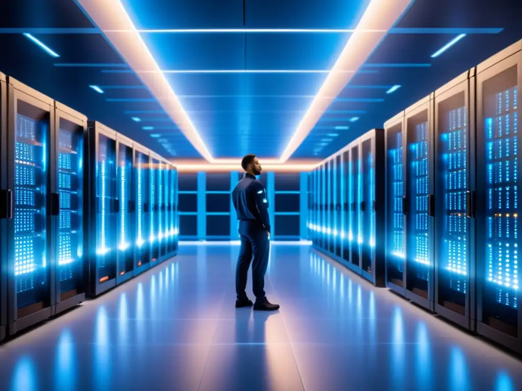 Centro de datos futurista: servidores brillantes y tecnología de vanguardia Un centro de datos futurista con servidores brillantes y cables de fibra óptica, donde técnicos trabajan