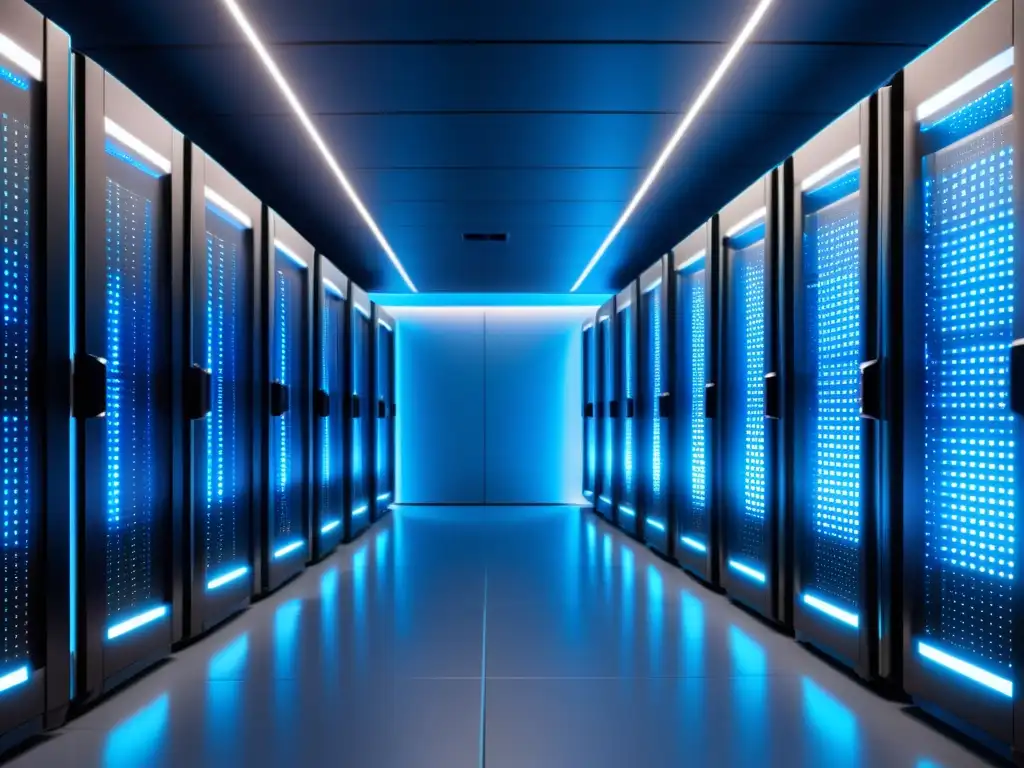 Centro de datos futurista: eficiencia y tecnología punta en acción Un centro de datos futurista con servidores alineados, luces LED azules y eficiencia tecnológica