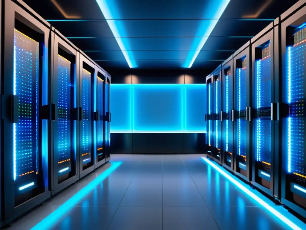 Centro de datos de vanguardia: servidores relucientes y eficiencia absoluta Un centro de datos futurista con servidores negros brillantes parpadeando luces coloridas