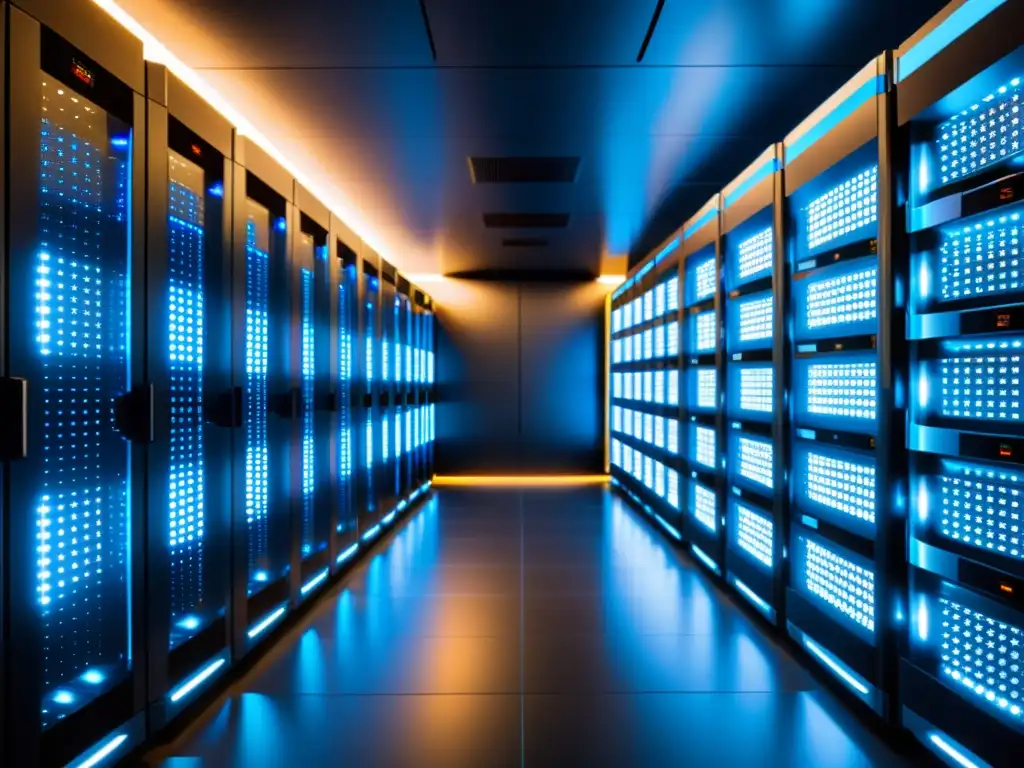 Centro de datos futurista con servidores de alta tecnología Un centro de datos futurista con servidores de alta tecnología en una sala limpia y futurista