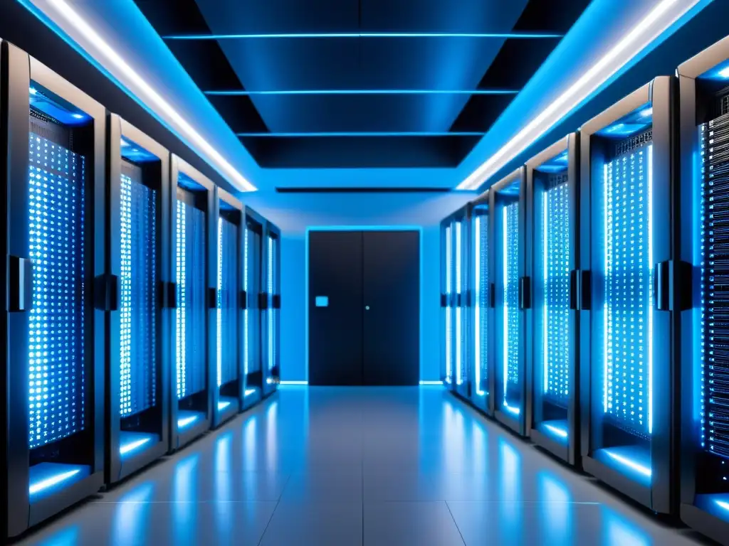 Centro de datos futurista: servidores potentes en red Un centro de datos futurista y sofisticado, con servidores organizados y una red de cables, iluminados con un suave y fresco tono azul