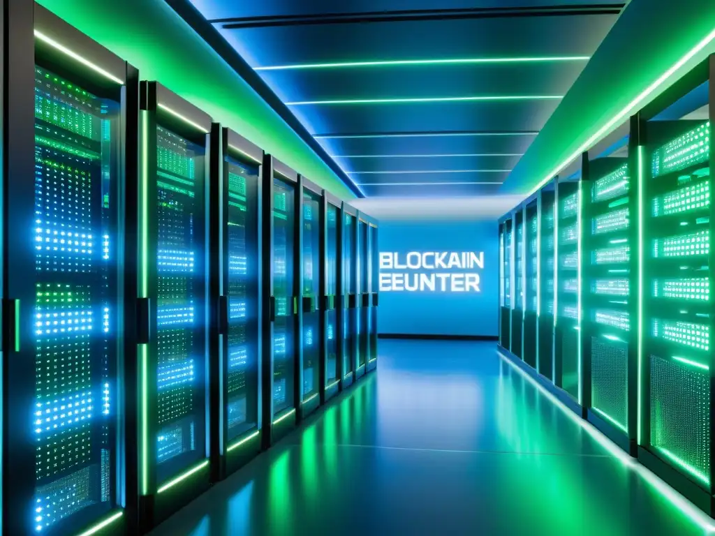 Un centro de datos futurista con tecnología Blockchain en 8k, iluminado por luces LED azules y verdes