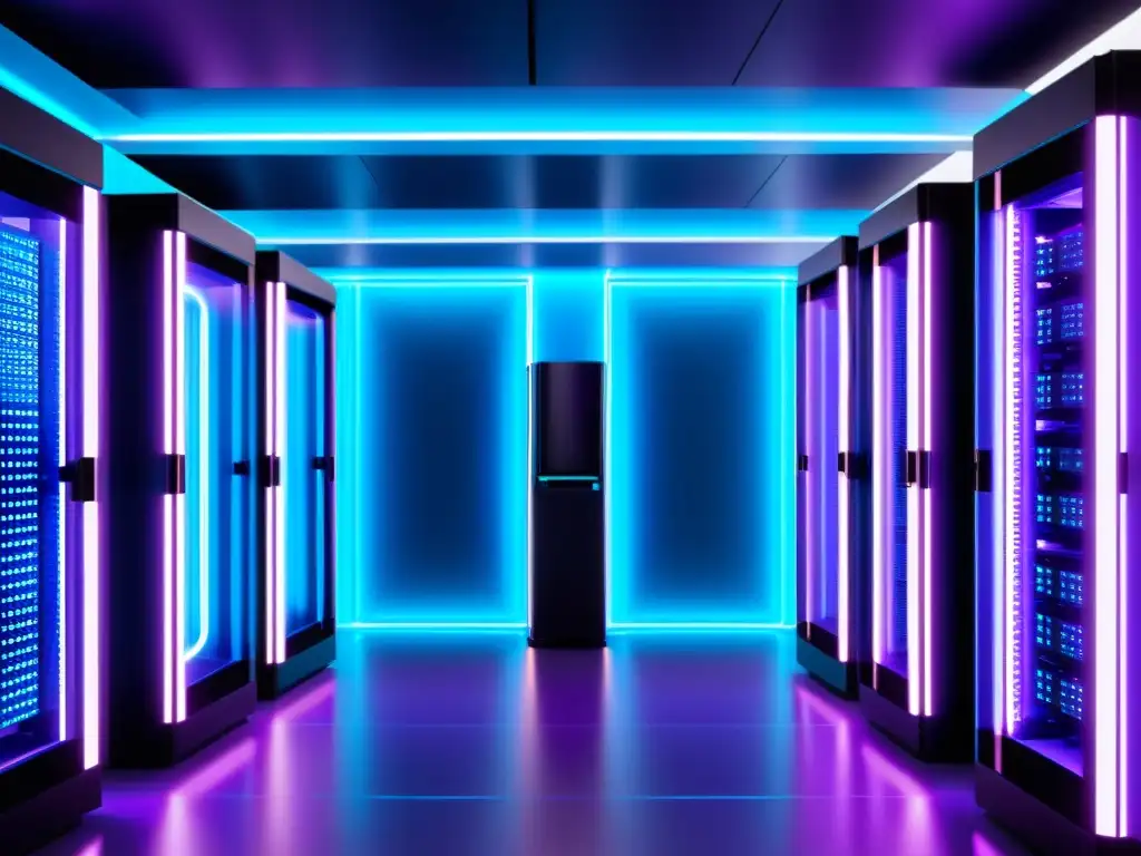Un centro de datos futurista y ultramoderno bañado en una luz neón azul y morada, resalta la importancia de la CDN en el SEO
