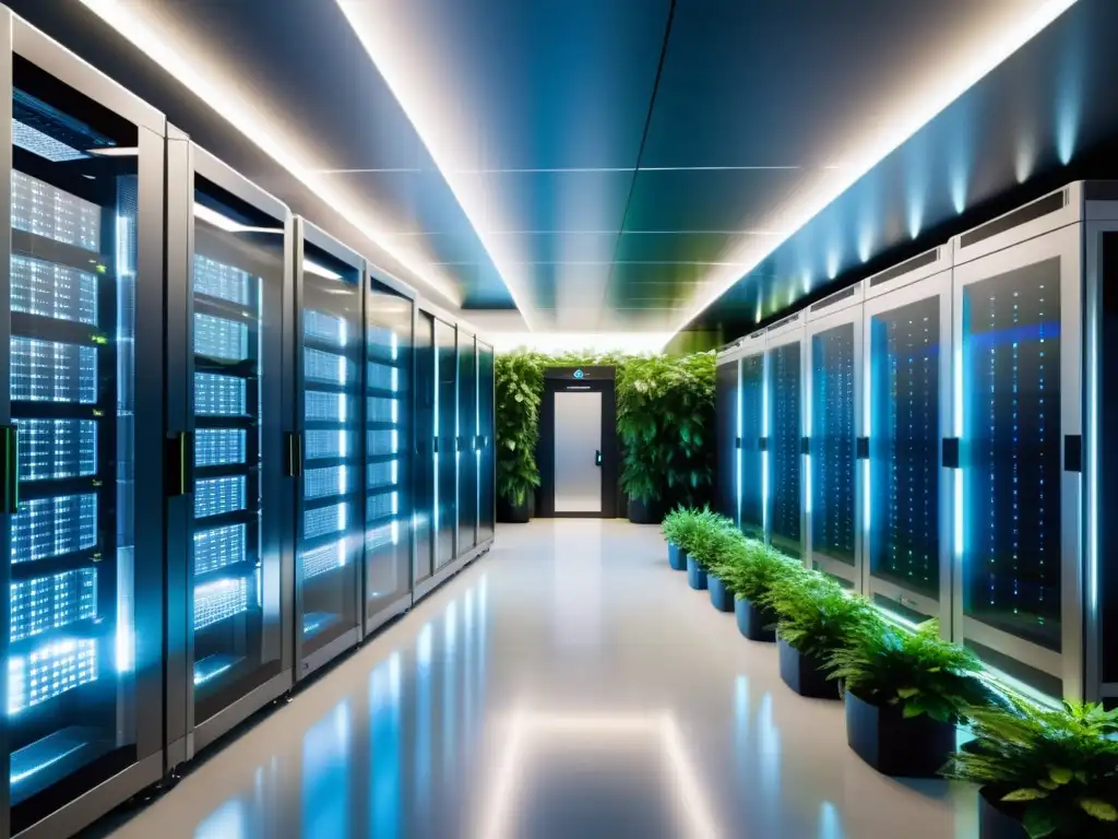 Centro de datos futurista y ecológico rodeado de naturaleza Un centro de datos futurista y ultramoderno rodeado de naturaleza y fuentes de energía renovable