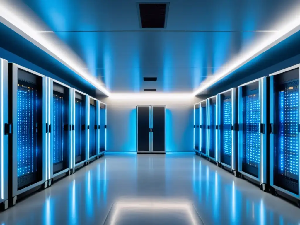 Centro de datos futurista: eficiencia y tecnología de vanguardia Un centro de datos futurista y ultramoderno con servidores ordenados en un patrón simétrico, bañados en un suave resplandor azul