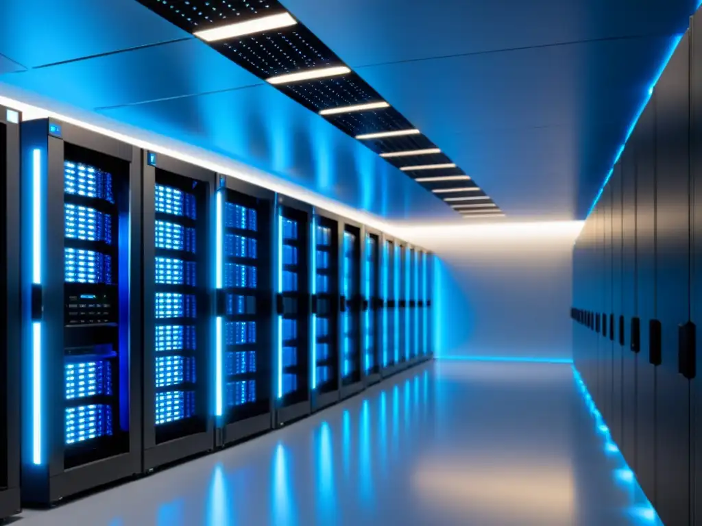 Centro de datos futurista con servidores SSD de última generación Un centro de datos moderno con servidores SSD de alta velocidad iluminados en azul, reflejando la eficiencia del SSD hosting