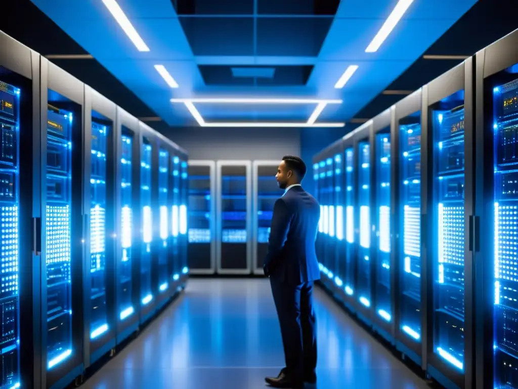 Centro de datos futurista: eficiencia y profesionalismo en acción Un centro de datos moderno y bullicioso con servidores iluminados en azul