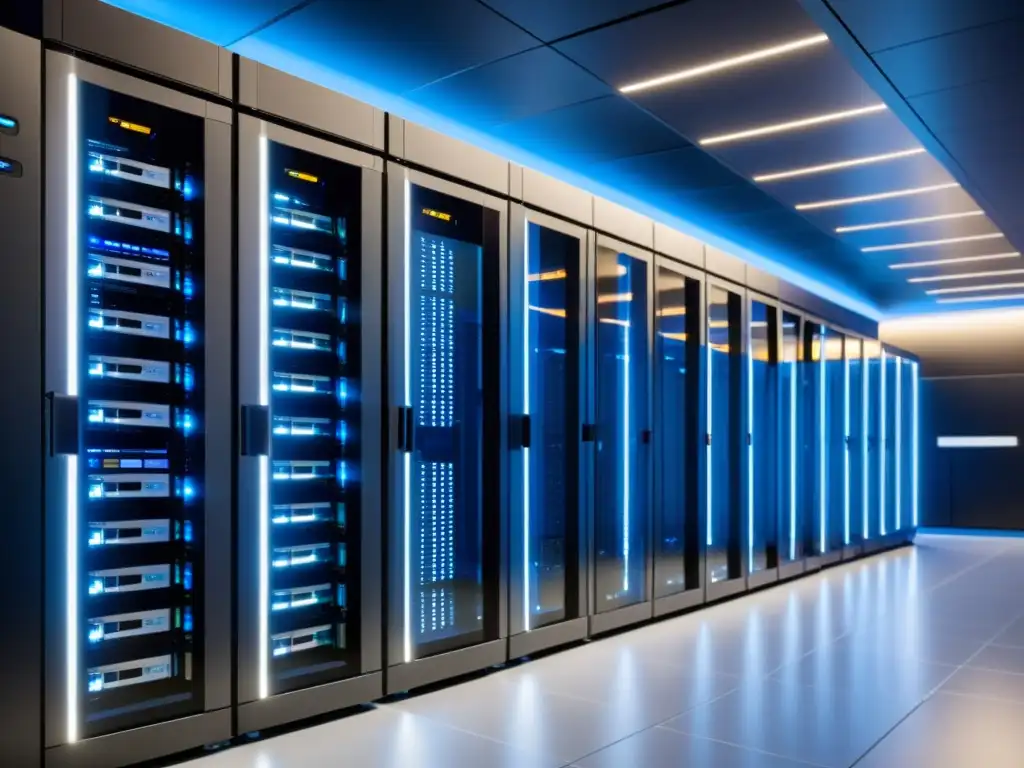 Centro de datos moderno: tecnología de vanguardia y eficiencia Un centro de datos moderno con diseño futurista y servidores organizados, iluminado con luces LED vibrantes