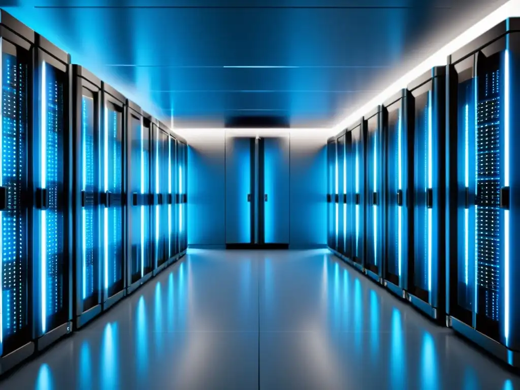 Centro de datos de alta tecnología para hosting Magento Un centro de datos moderno y eficiente con servidores alineados, emitiendo un suave resplandor azul