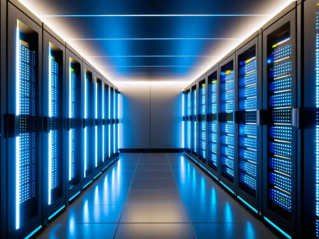 Centro de datos moderno con servidores SSD de alta tecnología Un centro de datos moderno y eficiente con servidores SSD, iluminado por LED, para análisis costo beneficio SSD hosting