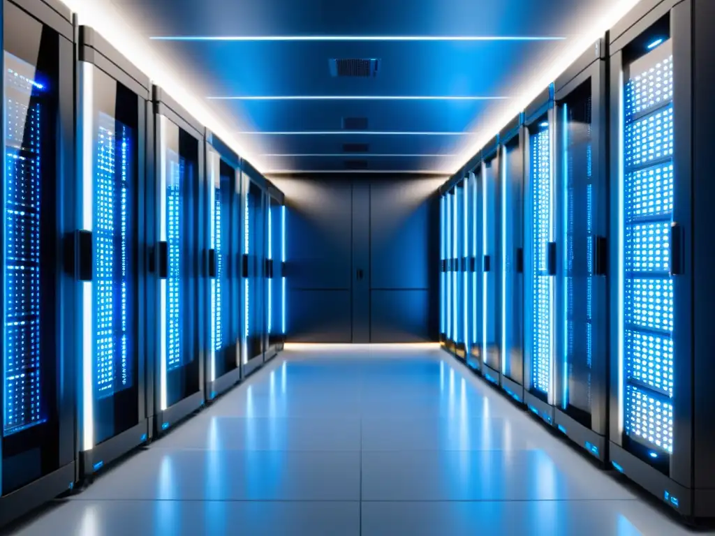 Centro de datos futurista con servidores organizados en racks iluminados Un centro de datos moderno y eficiente con servidores organizados en racks, iluminado por luces LED azules y blancas