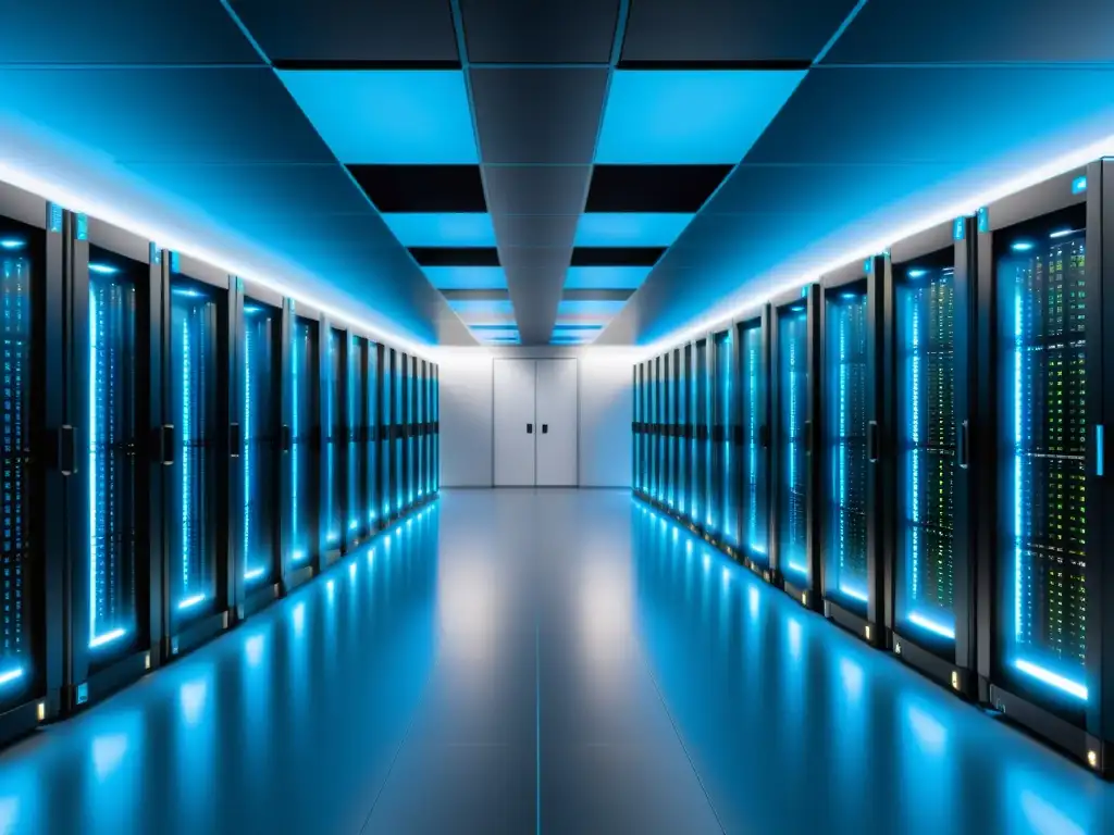 Centro de datos ultramoderno: Eficiencia y tecnología de vanguardia Un centro de datos moderno y eficiente con racks de servidores iluminados en azul, ideal para mejorar el crecimiento del tráfico en WordPress Hosting