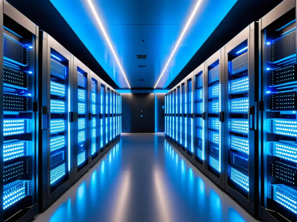 Centro de datos moderno y eficiente: gestión de hosting multidominio Un centro de datos moderno y eficiente bañado en una luz azul futurista, con filas de servidores organizados