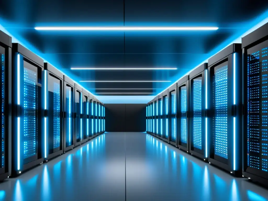 Un centro de datos moderno y eficiente con servidores ordenados y una iluminación azul suave