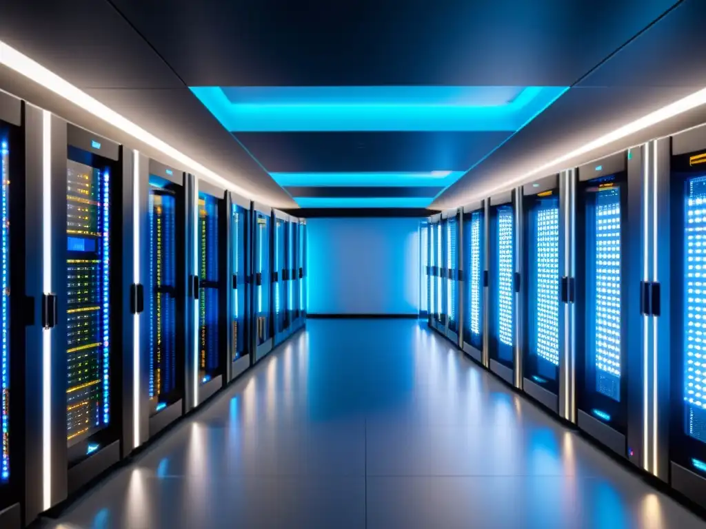 Centro de datos de vanguardia para emprendedores digitales en 2023 Centro de datos moderno y eficiente con servidores relucientes bajo luces LED, mostrando la tecnología de vanguardia del mejor proveedor hosting emprendedores digitales 2023