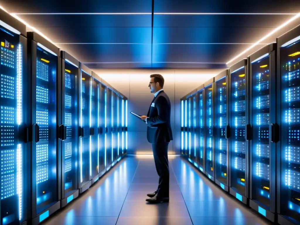 Centro de datos ultradetallado: tecnología de vanguardia y eficiencia Un centro de datos moderno y eficiente con servidores organizados y una iluminación futurista