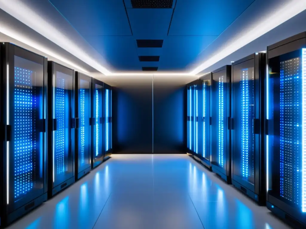 Centro de datos moderno: servidores organizados y eficientes Centro de datos moderno y eficiente con servidores organizados, iluminados en azul, destacando el hosting de calidad para SEO