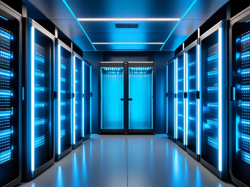 Centro de datos de alta tecnología: eficiencia y rendimiento óptimo Un centro de datos moderno y eficiente con servidores alineados, iluminados por un suave resplandor azul