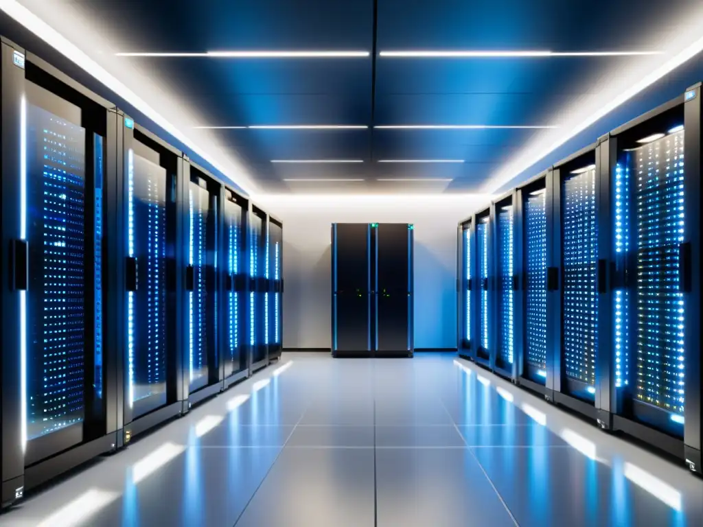Data center de vanguardia: eficiencia y tecnología de punta Un centro de datos moderno y eficiente con servidores organizados, luces LED parpadeantes y un ambiente limpio y bien iluminado