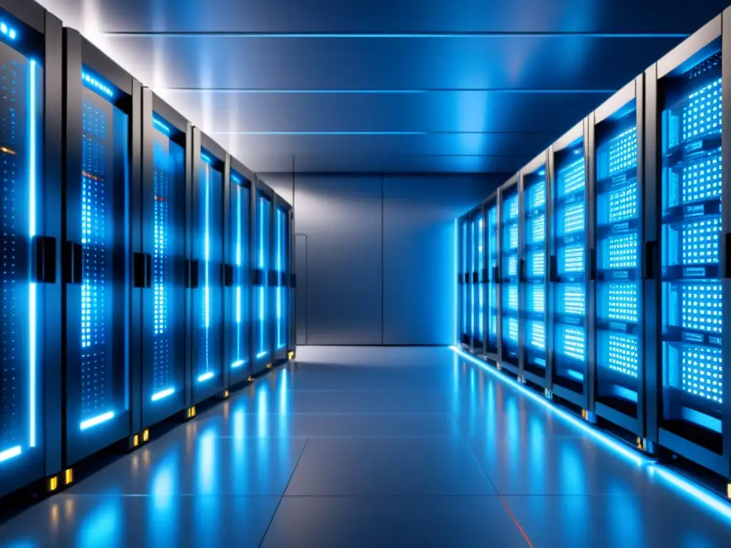 Centro de datos futurista: eficiencia y tecnología vanguardista 'Un centro de datos moderno y eficiente con servidores organizados, iluminado en azul, evocando tecnología de vanguardia