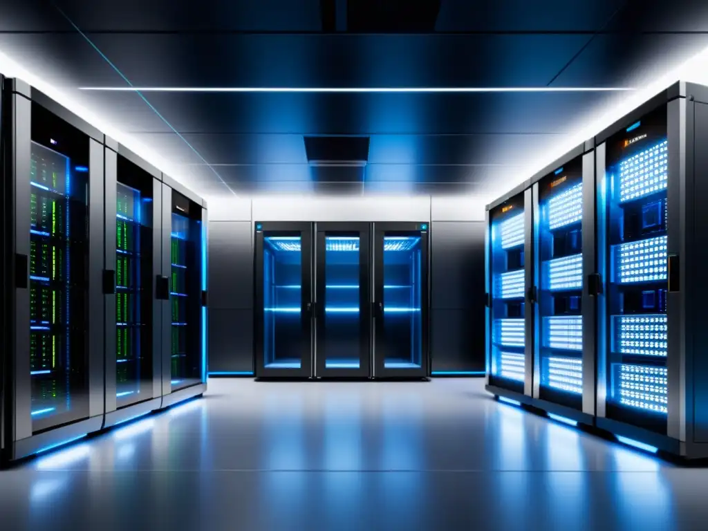 Un centro de datos moderno y eficiente con servidores ordenados y una iluminación futurista