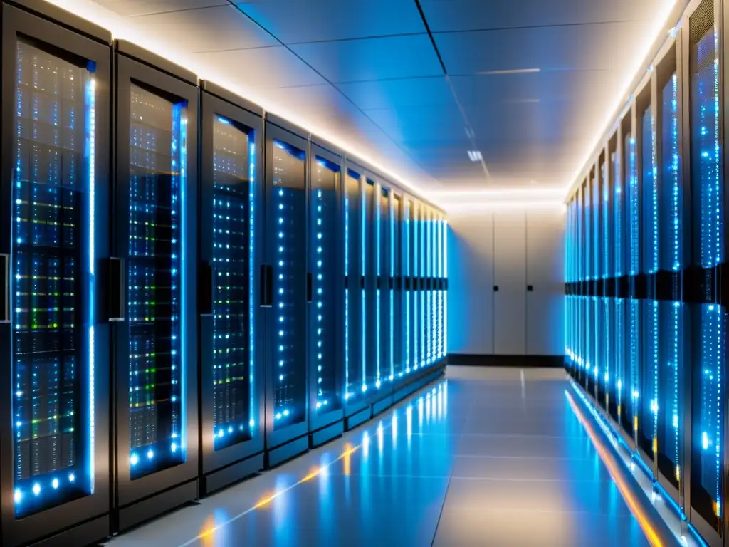 Centro de datos moderno: eficiencia y tecnología de vanguardia Un centro de datos moderno y eficiente con servidores organizados y luces LED parpadeantes