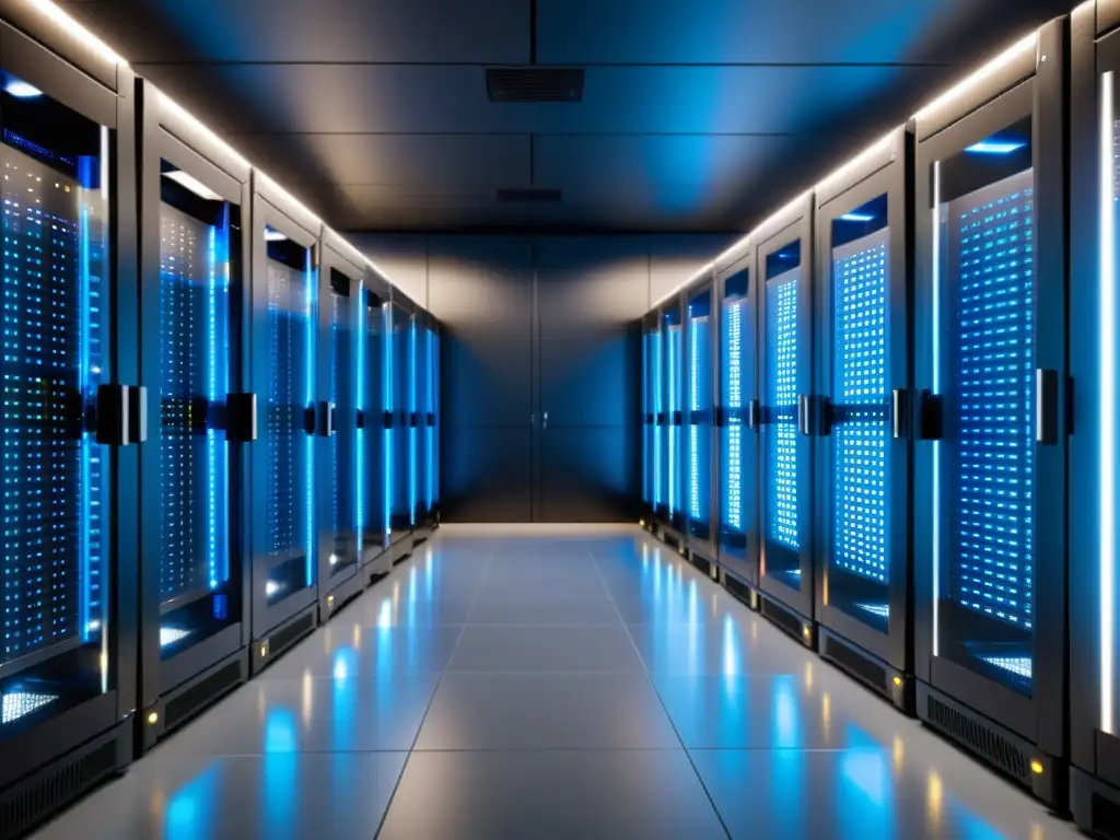 Centro de datos de alta tecnología: eficiencia y fiabilidad Un centro de datos moderno y eficiente con servidores organizados en filas bañadas en luz suave