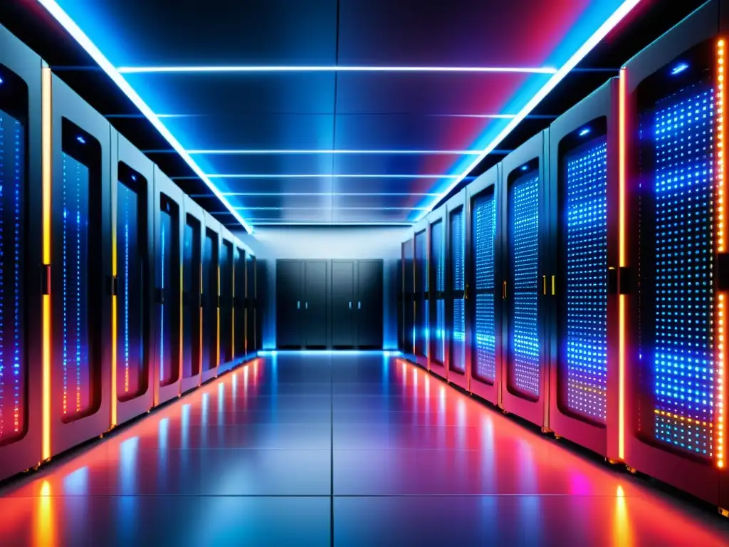 Centro de datos futurista con servidores y luces LED brillantes Un centro de datos moderno y eficiente con servidores apilados y luces LED, ideal para las ventajas del hosting con contenedores Docker