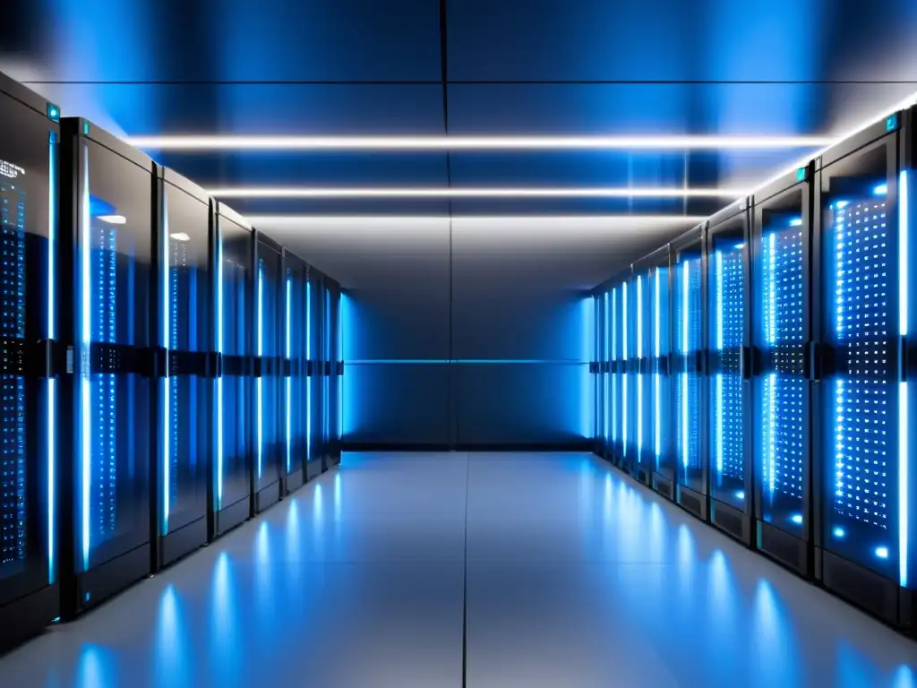 Centro de datos moderno: servidores organizados en un entorno futurista Un centro de datos moderno y eficiente con servidores organizados en filas, iluminados por luces azules suaves
