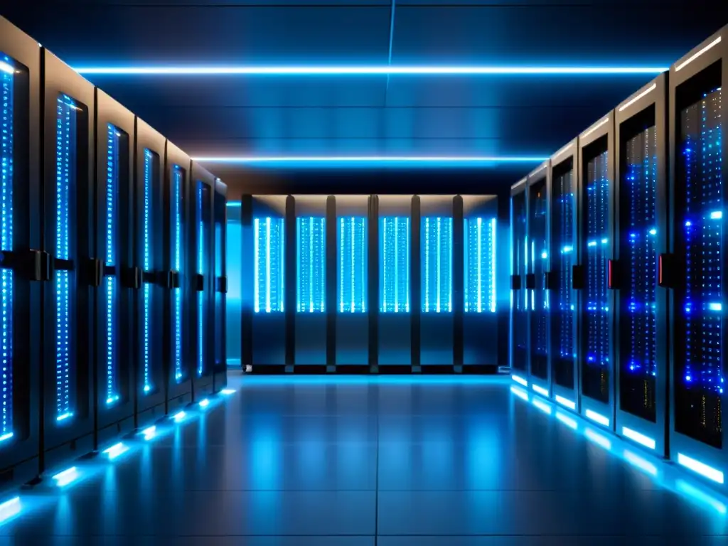 Centro de datos futurista con servidores optimizados para PrestaShop Un centro de datos moderno y eficiente con servidores organizados, iluminado en azul
